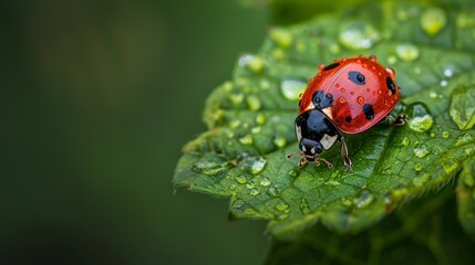 Fototapeta premium Ladybug on a Green Leaf with Dewdrops.