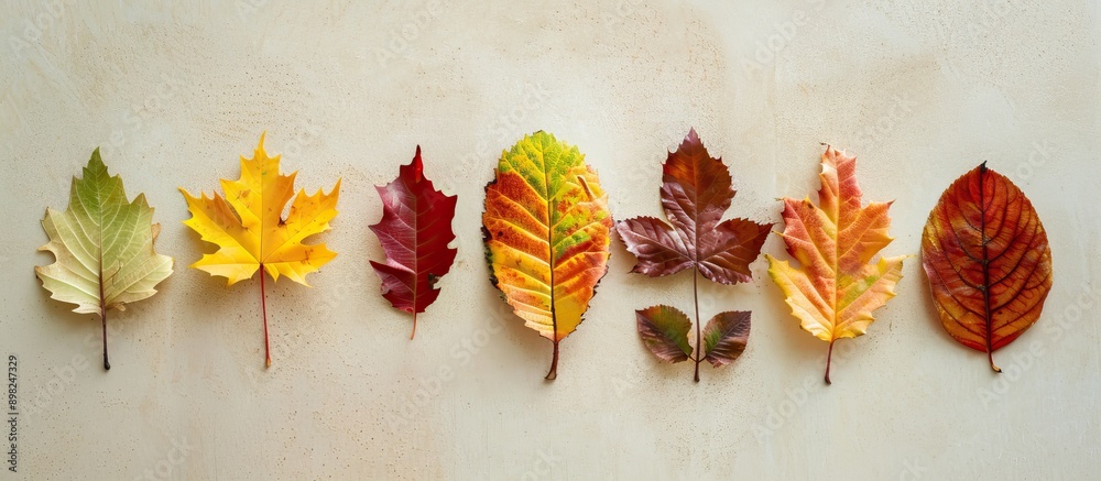 Fototapete autumn leaves arranged on a beige surface creating a flat lay composition with copy space for text