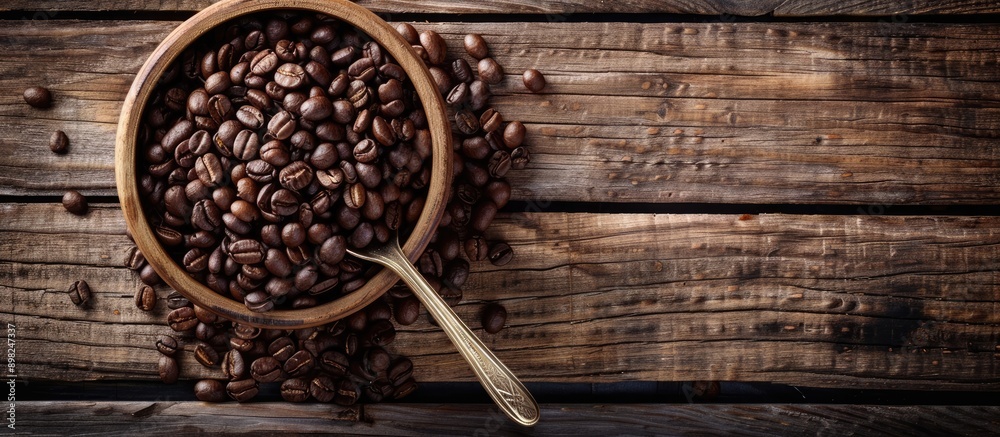 Aufkleber coffee beans in a wooden barrel with a wooden background a coffee spoon captured from above with spa