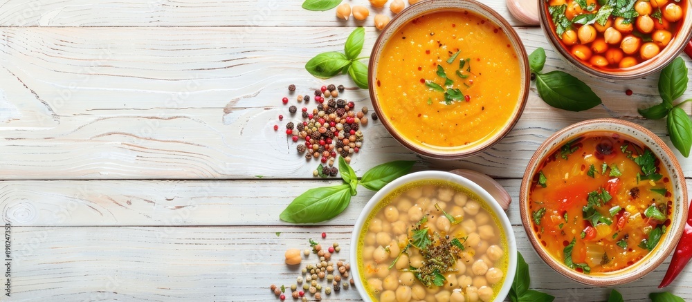 Poster A delicious chickpea soup arranged on a white wooden table with spices creating a visually appealing copy space image