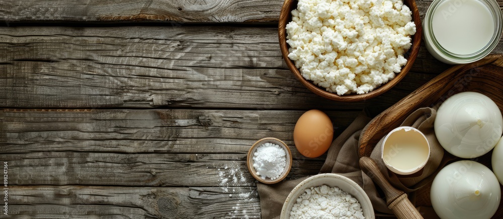 Leinwandbilder View from above showcasing dairy products like cottage cheese sour cream milk egg and butter arranged on a rustic wooden table with ample copy space for additional elements in the image