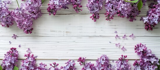 Top down view of lilac flowers set against a white wooden backdrop with ample space for text or graphics copy space image