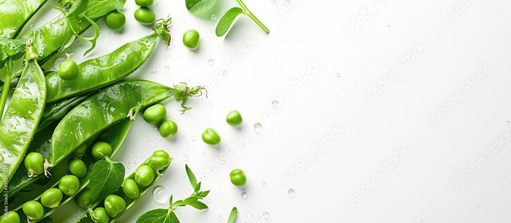 Poster close up of fresh green peas on a white background with copy space image available