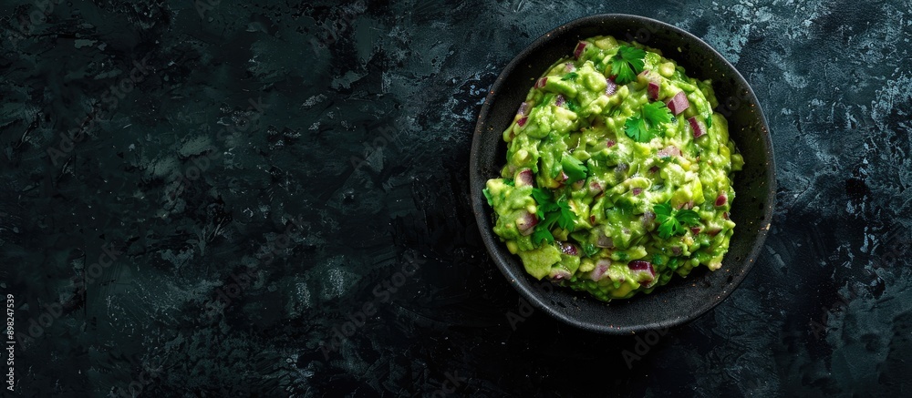 Aufkleber Avocado guacamole in a grey bowl set against a dark backdrop featuring a top view for a copy space image