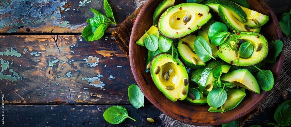 Poster avocado salad placed on a rustic table with copy space image featuring fresh green leaves as a meal 