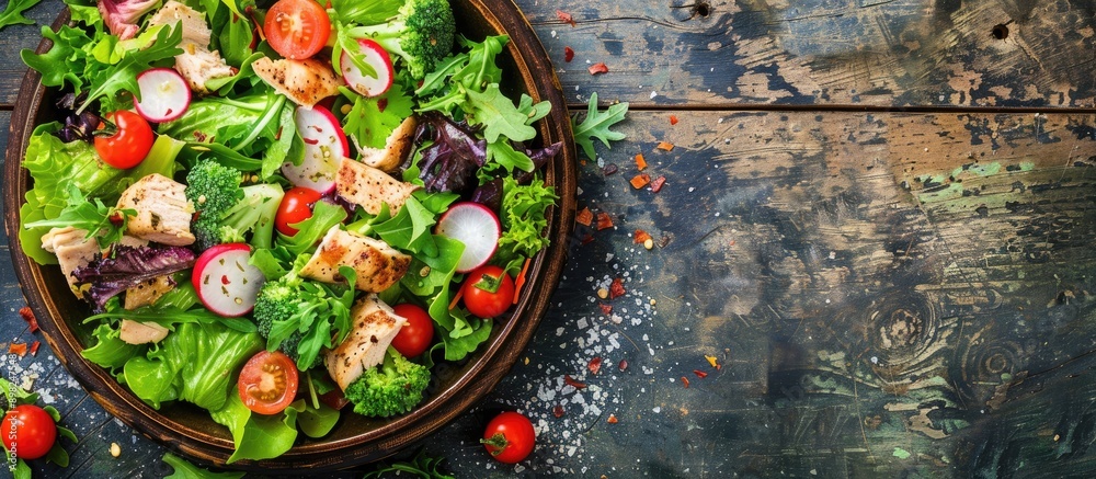 Poster chicken salad with a variety of fresh vegetables like tomatoes radishes and mixed lettuce creating a