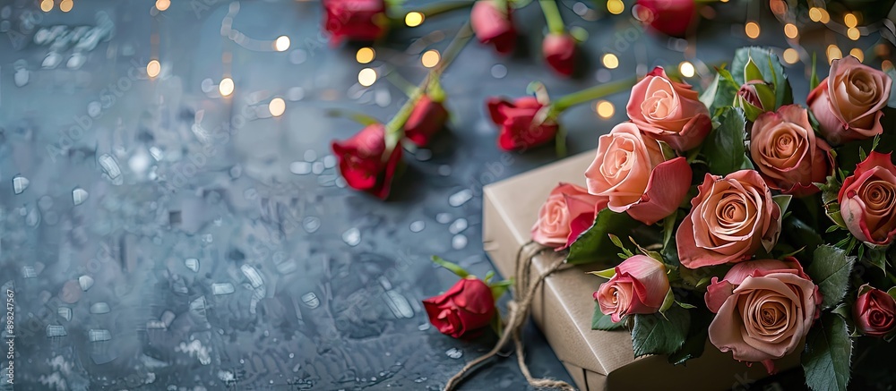 Aufkleber Top view of a bouquet of fresh roses in a gift box on a gray table creating a flat lay composition with bokeh lights in the background creating a copy space image