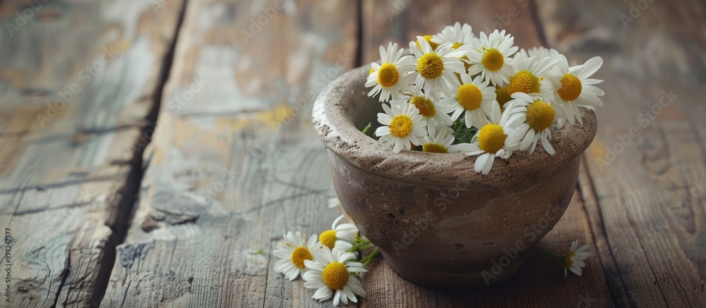 Aufkleber chamomile flowers arranged in a mortar resting on a rustic wooden table creating a serene and inviti