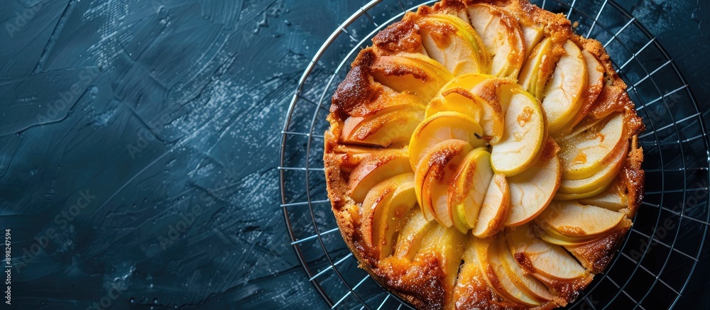 Poster top down view of an apple charlotte dessert on a wire rack with a sponge cake covering allowing for 