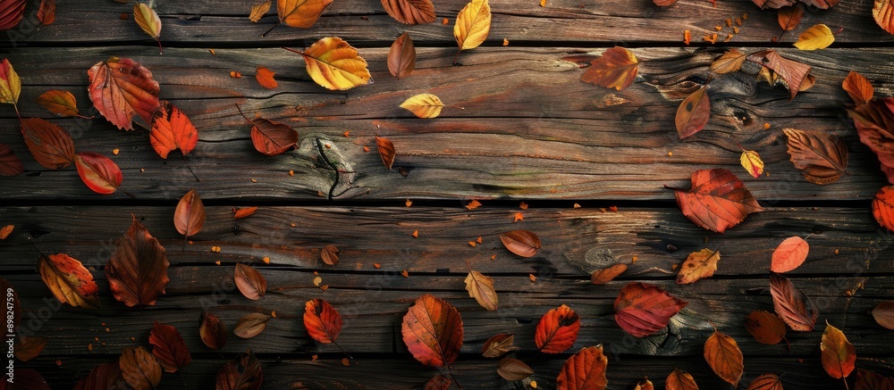 Poster autumn leaves scattered across a grunge background with wooden planks create a rustic and natural am