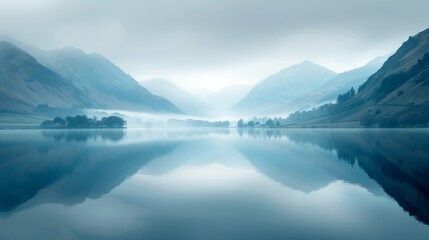 body of water surrounded by mountains, a few trees in foreground