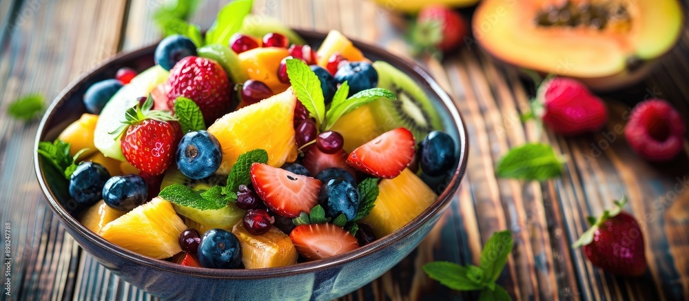 Poster close up of a delicious fruit salad in a bowl on a wooden table with copy space image