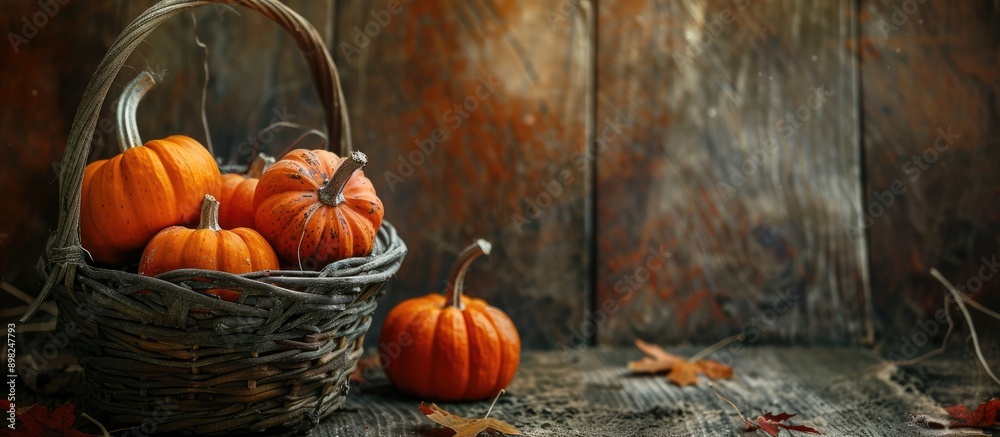 Poster Autumnal holiday background featuring pumpkins in a wicker basket set against a rustic backdrop ideal for Halloween and Thanksgiving themes with ample copy space image