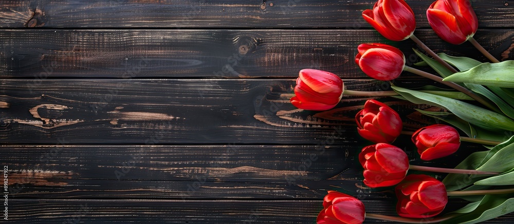 Fototapete Dark wooden background with red tulips in a flat lay top view displaying a lovely composition with copy space image