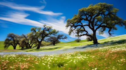 Springtime: Lush Glade with Blooming Wildflowers, Trees, Ethereal Sun Rays, and Blue Sky