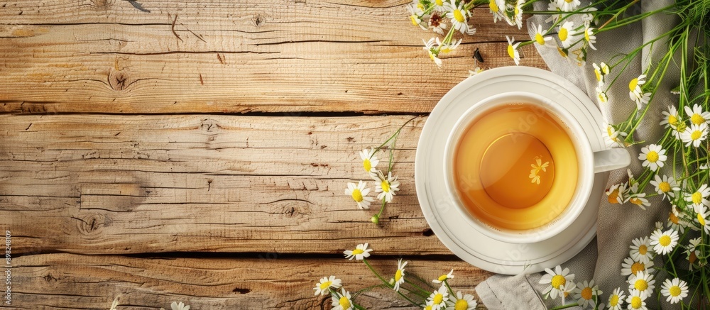 Poster Chamomile tea displayed on a clean wooden table with available picture space. Creative banner. Copyspace image