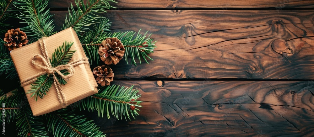 Aufkleber a christmas gift box sits beside a pine branch on a wooden table in a top down view leaving room for