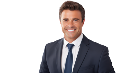 Handsome confident businessman looking at camera isolated on white background.
