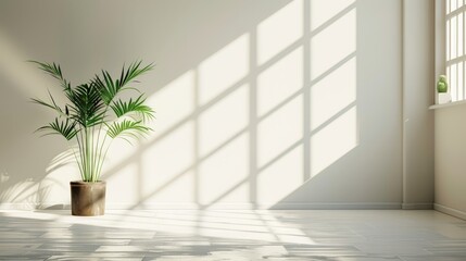  A potted plant sits in a room corner, adjacent to a large window and a tiled floor