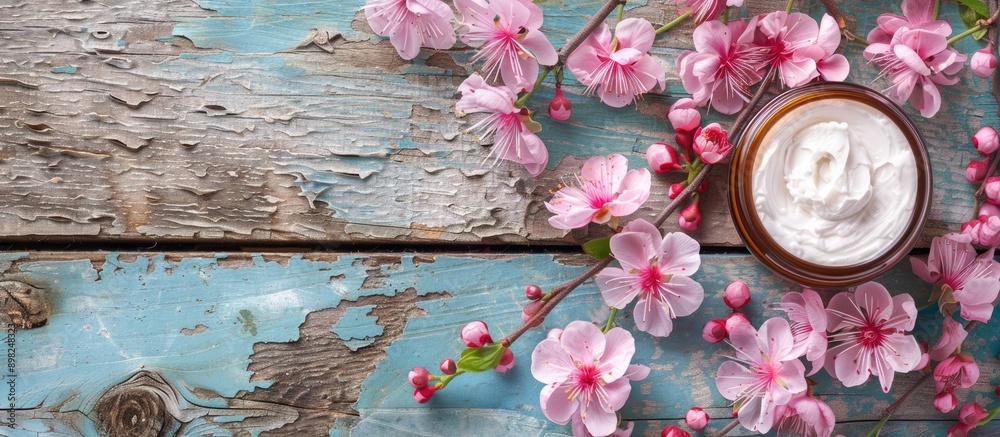 Poster cream for hands and face featuring pink flowers on a vibrant weathered wooden surface with ample cop