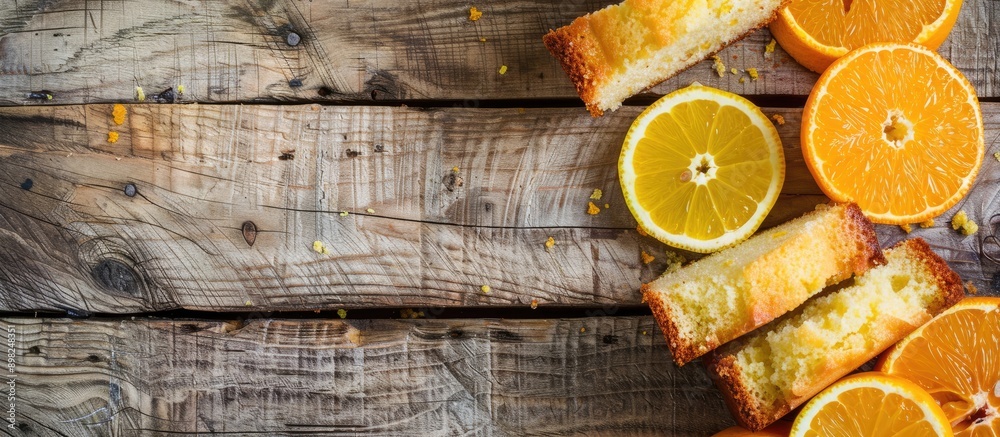Poster Citrus cake slices displayed deliciously on a wooden table with copy space image
