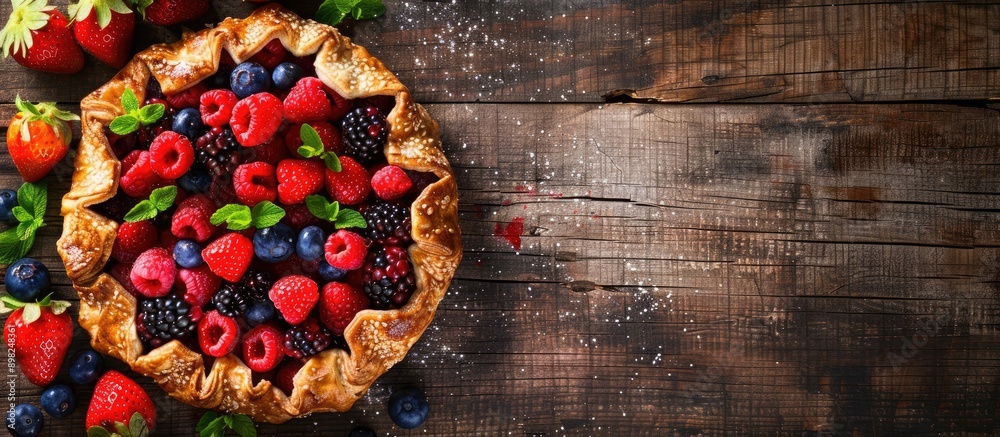 Aufkleber delicious galette featuring a variety of fresh berries on a rustic table with a blank copy space ima