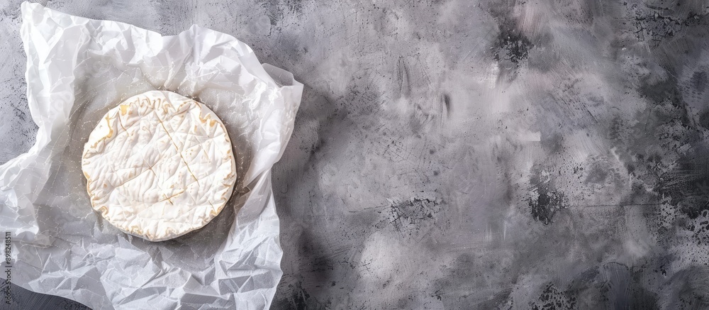 Poster Top view of Camembert cheese with white mold on parchment paper against a gray cement backdrop creating ample copy space image