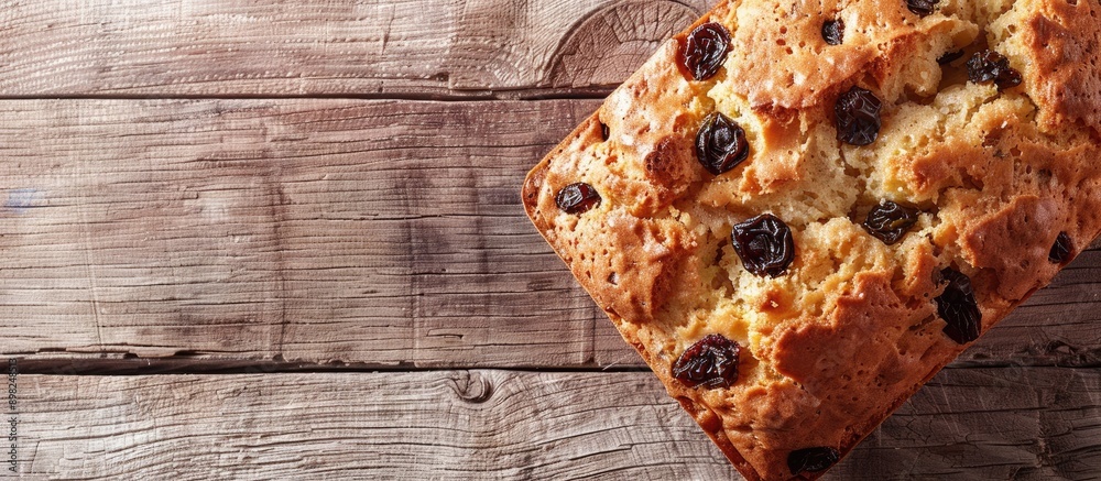 Poster close up rustic image of a tasty homemade cake with raisins on a light wooden surface perfect for co