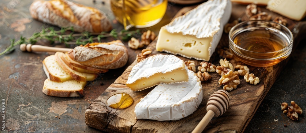 Aufkleber a cheese platter with brie slices nuts honey and baguette toast on a wooden board with a copy space 