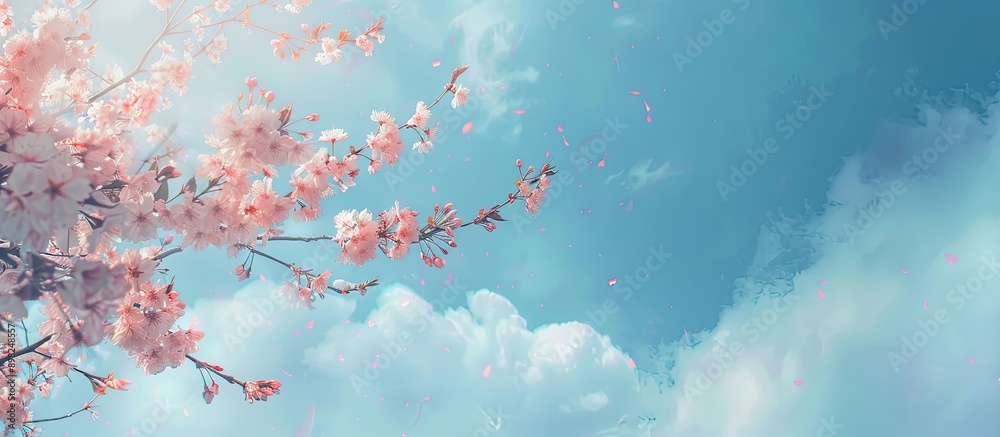 Aufkleber cherry blossom branches and flowers in spring against a blue sky with clouds create a serene natural