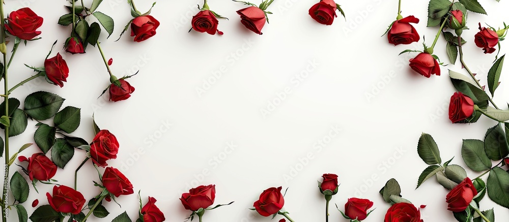Poster A border made of fresh red roses surrounding a copy space image on a white background