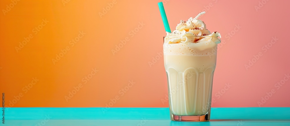 Poster banana milkshake in a glass on colored backdrop with copy space image