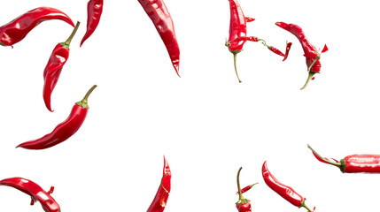 Falling bursting chili peppers on white or transparent background