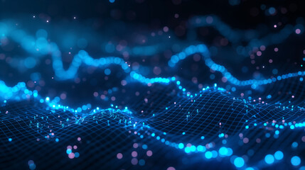 A digital representation of a stock market or financial data graph. It features a series of interconnected lines, bars, and points, all illuminated in a vibrant shade of blue