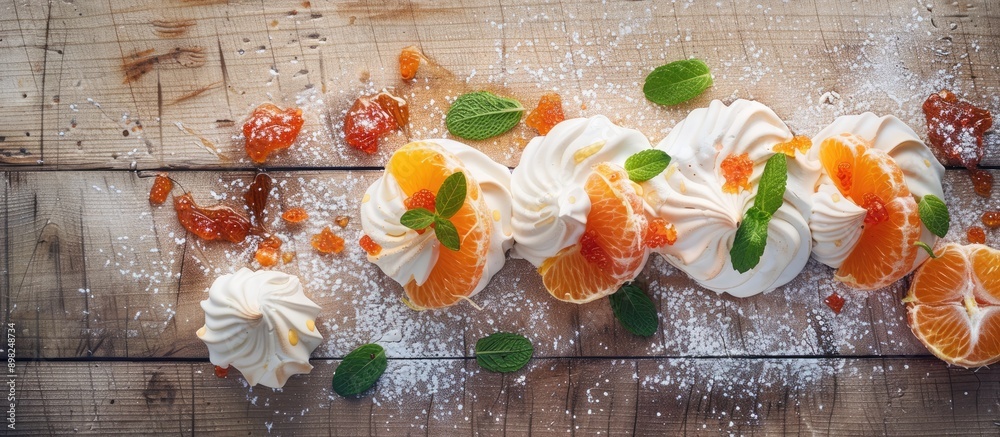 Aufkleber Close up of a delicious meringue roll topped with jam tangerine slices and mint leaves on a rustic wooden surface ideal for a copy space image