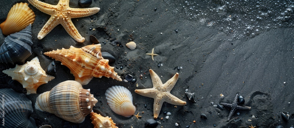 Aufkleber a beach with dark volcanic sand incorporating seashells and starfish with a backdrop perfect for a c