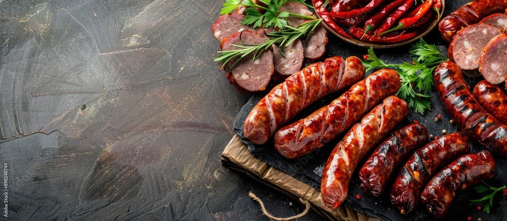Poster an assortment of smoked sausage made from pork and beef lies as an appetizing snack on a rustic tabl