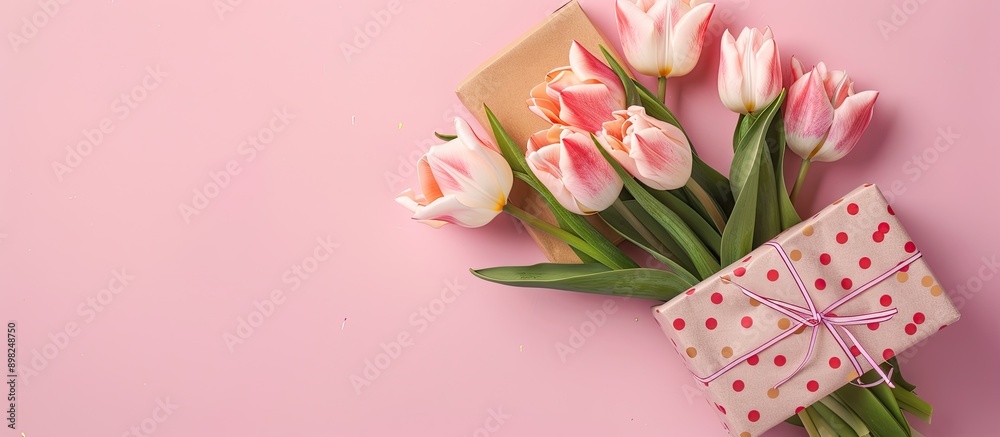 Aufkleber a bouquet of tulips and a gift box in flower patterned wrapping on a pink background with copy space