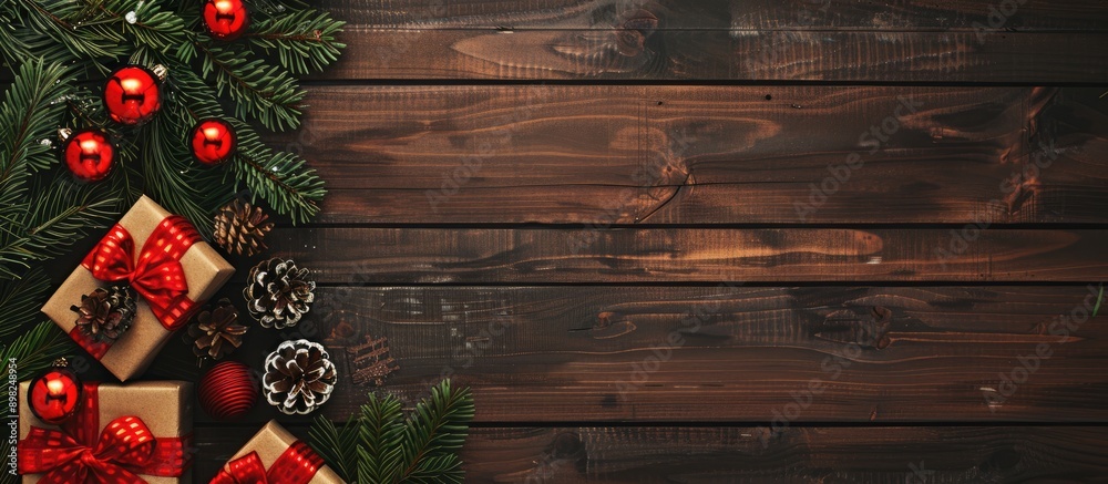 Poster christmas fir tree and gift boxes arranged on a wooden board with a large copy space image