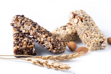 Healthy Muesli bars with nuts,chocolate and seeds isolated on white background	