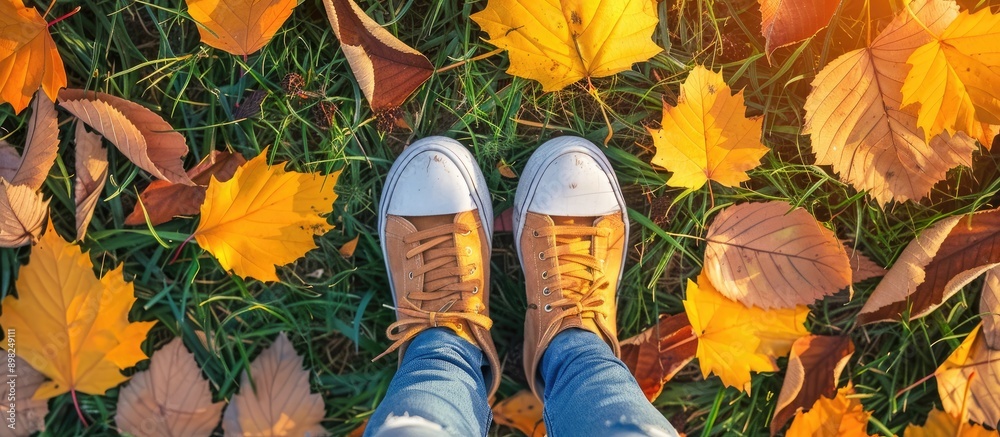 Poster autumn leaves on grass with female legs providing a serene setting and a copy space image