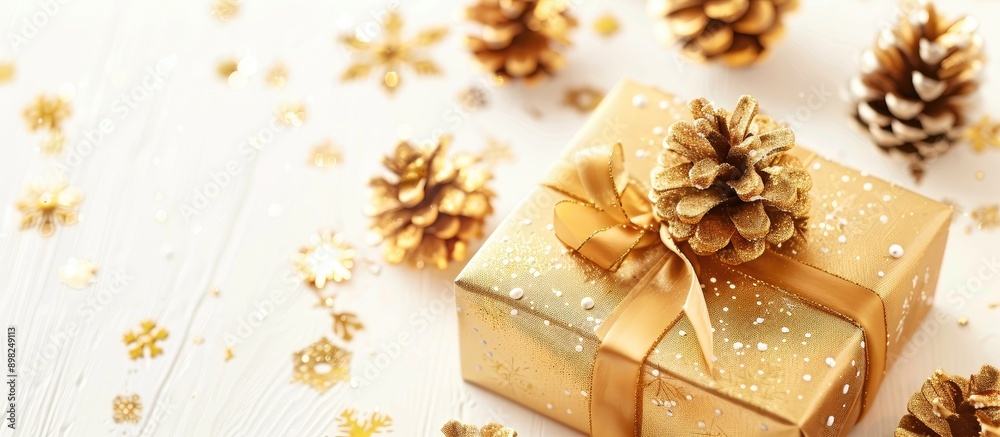 Poster christmas gift wrapped in gold ribbon adorned with golden pine cones on a white backdrop provides a 