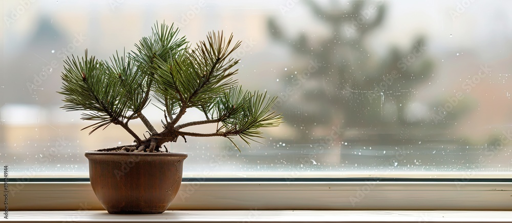 Poster Black pine tree with sprouts positioned on a windowsill with copy space image