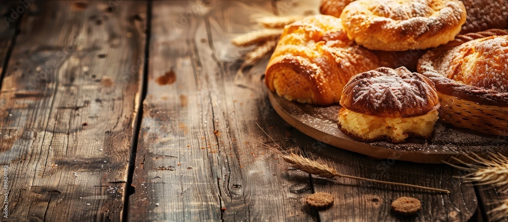 Poster delicious cakes with a golden crust in a rustic style on a wooden background perfect as a copy space
