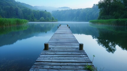  A wooden dock floats on the tranquil lake, adjacent to a verdant forest teeming with numerous green trees