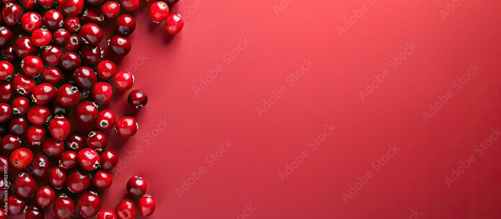 Poster Cranberries scattered on a bright red backdrop with ample copy space image