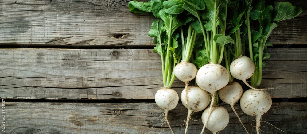 Poster Flat lay arrangement of white turnips on a wooden table with room for text in the copy space image