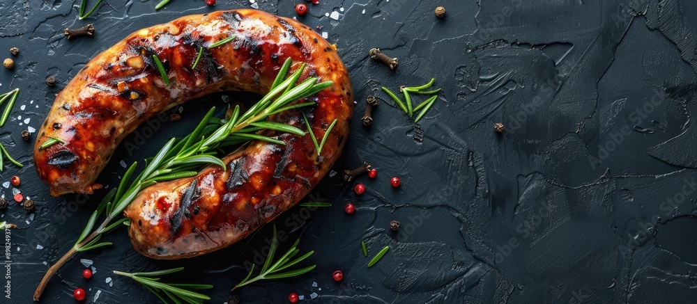 Poster top view of a baked pork sausage garnished with rosemary and assorted spices with free copy space in
