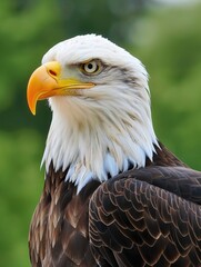 Obraz premium Close-up of a bald eagle perched among trees, perfect for nature or wildlife themed projects