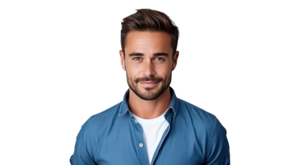 Portrait of handsome young man in shirt smiling at camera isolated on transparent and white background.PNG image